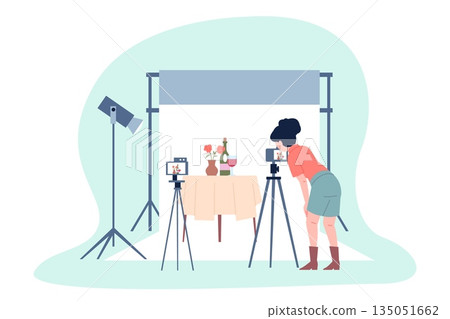 Girl taking photo still life. Photography for professional blog, exhibition, home decor. Photographer working in studio. Creative profession, recent vector scene Girl taking photo still life. Photography for professional blog, exhibition, home decor. Photographer working in studio. Creative profession, recent vector scene 135051662