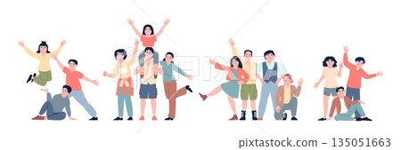 Friends posing for photo. Happy young adults or teenagers together, jumping, laughing, sitting. Taking different poses for group photography, recent vector set 135051663
