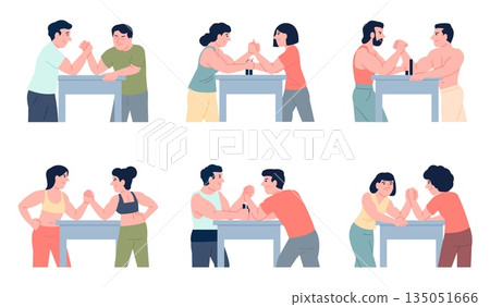 Arm wrestling sport. Armwrestling competition, male female athletes compete. Sporty people in workout uniform training, fight with each other, recent vector set 135051666