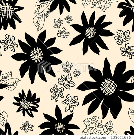 Black summer abstract floral seamless pattern. Vector botanical garden design, textile, wallpaper, print Black summer abstract floral seamless pattern. Vector botanical garden design, textile, wallpaper, print 135051686