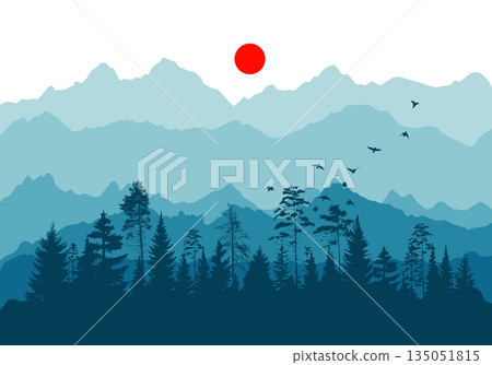 Panorama of mountain trees and red sun. Hand drawn. Not AI, vector illustration. 135051815