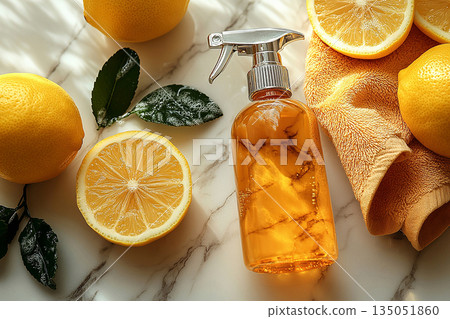Wash. Minimalist flat lay cleaning concept. Single spray bottle, microfiber cloth and lemon on a white marble background. Wash. Minimalist flat lay cleaning concept. Single spray bottle, microfiber cloth and lemon on a white marble background. 135051860