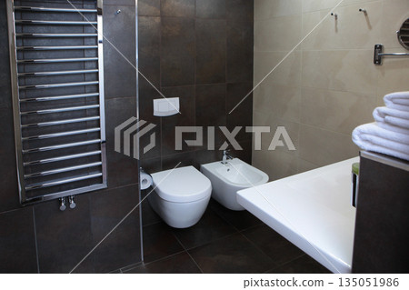 The bathroom is in the hotel room. Stylish dark tiles on the walls. The concept of recreation and travel. The bathroom is in the hotel room. Stylish dark tiles on the walls. The concept of recreation and travel. 135051986
