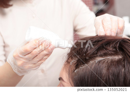 A cosmetologist applies a hair restoration product to the scalp. Hair care. A remedy for the treatment of the scalp. A woman takes care of her hair in a beauty salon. The problem of dry hair. A cosmetologist applies a hair restoration product to the scalp. Hair care. A remedy for the treatment of the scalp. A woman takes care of her hair in a beauty salon. The problem of dry hair. 135052021