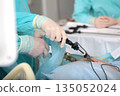 Surgical team. Laparoscopic instruments in hands of surgeon. Modern abdominal surgery. Laparoscopy in surgery. Surgical intervention through small holes. 135052024