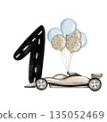 A watercolor racing car with a number card composition. Hand-drawn car template on a white background. Perfect for a racing-themed child's birthday party. 135052469