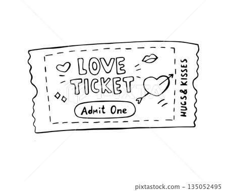 Hand drawn love ticket with hearts and admit one text isolated on white background 135052495