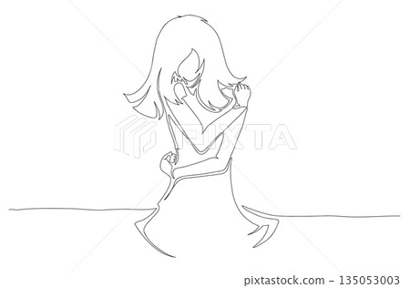 Continuous One Line Drawing of a Woman Hugging Herself eps10 135053003
