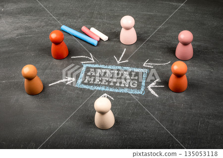 Annual Meeting Concept With Wooden Figures And Chalk Arrows On Blackboard Annual Meeting Concept With Wooden Figures And Chalk Arrows On Blackboard 135053118