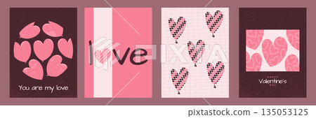Cute Valentines Day Card or Poster Set with Pink Heart in Doodle Style. Template for Ads, Branding, Banner, Cover, Label, and Poster 135053125