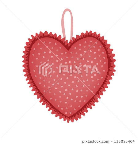 Hand made textile heart with cute ruffles, vector isolated illustration. Textile handicraft heart decoration on white background. Valentines Day design element 135053404