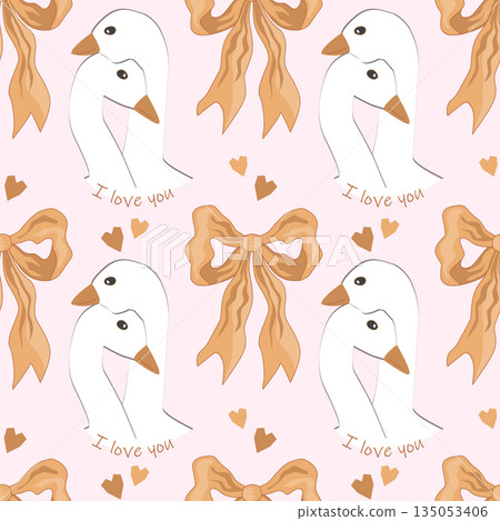 Bows and Goose in love cute seamless pattern. Cute Hugging birds background for Valentine day, wedding or romantic card design element. Vector illustration. Bows and Goose in love cute seamless pattern. Cute Hugging birds background for Valentine day, wedding or romantic card design element. Vector illustration. 135053406