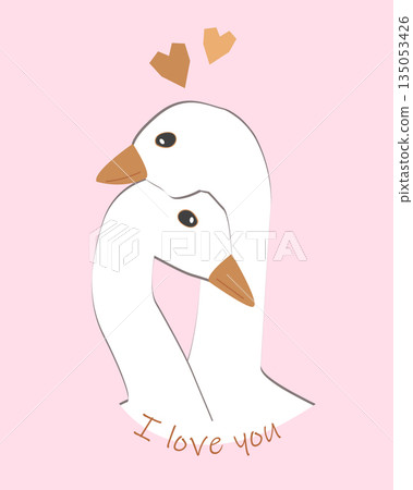 Goose Hugs couple with intertwined necks. Cute Hugging birds isolated vector illustration. Greeting Valentine day, wedding or romantic card design element. 135053426