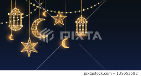 Eid Ramadan lights garland on dark blue background Eid Ramadan lights garland on dark blue background 135053588