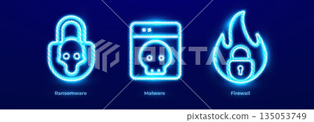 Ransomware Protection Decryption Data Lock Cyber Attack Icons Set. Malware Detection Removal Threat Scan System Safe Neon Logo. Firewall Network Defense Access Control Digital. Vector Illustration Ransomware Protection Decryption Data Lock Cyber Attack Icons Set. Malware Detection Removal Threat Scan System Safe Neon Logo. Firewall Network Defense Access Control Digital. Vector Illustration 135053749