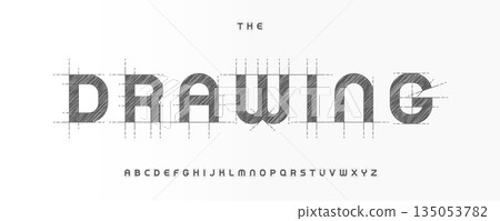 Technical Drawing Font Logo Alphabet Vector Sketch Bold Bauhaus Letters Set Modern Architecture Typography, Creative Typographic Design for Architect Title Text, Typo Poster Headline. Vector Typeface 135053782