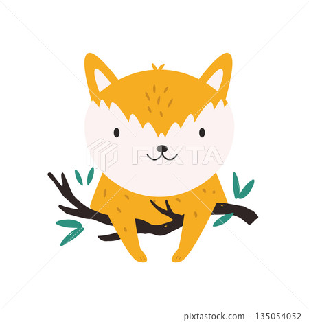 Cute Cartoon Fox Character Sitting on a Tree Branch. Cartoon Woodland Animal Vector Illustration for Kids. 135054052