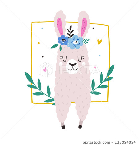 Adorable Pink Llama Character with Floral Crown Cartoon Vector Illustration for Kids 135054054