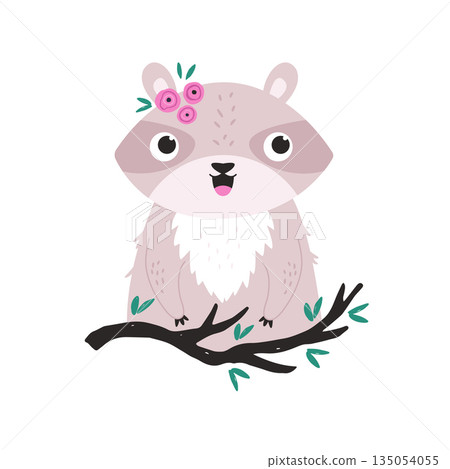 Cute Raccoon on Tree Branch. Cartoon Woodland Animal Vector Illustration for Kids Cute Raccoon on Tree Branch. Cartoon Woodland Animal Vector Illustration for Kids 135054055