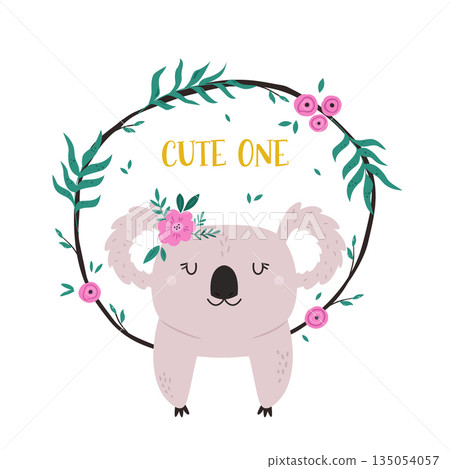 Adorable Baby Koala with Pink Flowers and Leaves Cartoon Vector Illustration for Kids Adorable Baby Koala with Pink Flowers and Leaves Cartoon Vector Illustration for Kids 135054057