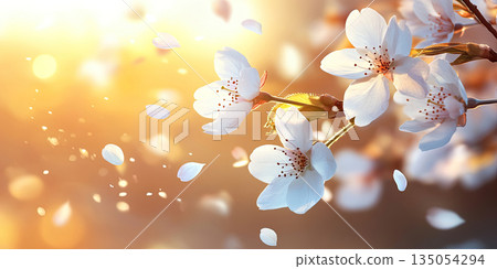 Delicate Cherry Blossom Petals Gently Falling in Soft Sunlight, Spring Bloom, Serene Floral Background 135054294