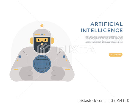 Flat vector illustration of a friendly robot holding a digital globe, symbolizing artificial intelligence technology and global connectivity for web design and innovation. 135054338