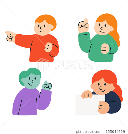 Flat cartoon illustration set of people characters pointing, thinking, and holding a blank sign for communication and presentation design elements. 135054339