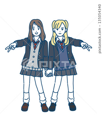 Illustration of a high school girl gal making a 'peace' sign 135054340