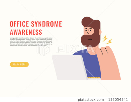 Flat vector illustration of office worker suffering from neck pain at laptop for office syndrome awareness web banner.  135054341
