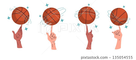 Basketball ball rotation. Balls spins on finger of professional or amateur player hand, athlete hands arms basket ball rotate motion animation, cartoon classy vector illustration Basketball ball rotation. Balls spins on finger of professional or amateur player hand, athlete hands arms basket ball rotate motion animation, cartoon classy vector illustration 135054555