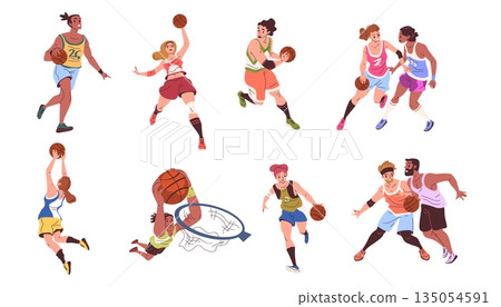 Basketball players. Athletes sport uniform playing game throwing ball in basket, man woman players defense offense play isolated cartoon characters set classy vector illustration Basketball players. Athletes sport uniform playing game throwing ball in basket, man woman players defense offense play isolated cartoon characters set classy vector illustration 135054591
