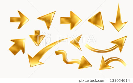 3d golden arrows. Realistic gold liquid mouse cursor, abstract y2k pointer figure up down left right perspective sign inflate balloon arrows, exact isolated vector illustration 3d golden arrows. Realistic gold liquid mouse cursor, abstract y2k pointer figure up down left right perspective sign inflate balloon arrows, exact isolated vector illustration 135054614