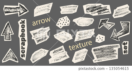 Colorful crayon marks and pencil sketches create abstract textured backgrounds with hand-drawn elements, arrows, and artistic brush strokes for graphic design. Abstract doodle elements 135054615