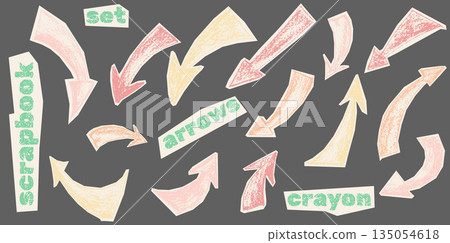 Crayon arrow collection in vibrant hues. Hand-sketched with thick lines, perfect for scrapbook layouts, collage work, and playful graphic design elements. Elements cut from old paper 135054618