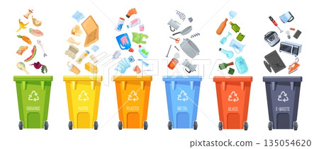 Waste segregation. Trash sorting, selective collect garbage separating recycling rubbish classification plastic bins containers glass bottle paper organic, neat vector illustration Waste segregation. Trash sorting, selective collect garbage separating recycling rubbish classification plastic bins containers glass bottle paper organic, neat vector illustration 135054620