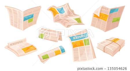 Cartoon newspapers. Daily articles in paper news, folded journal newsprint publication stack city press communication broadsheet page crumpled newspaper, neat vector illustration 135054626
