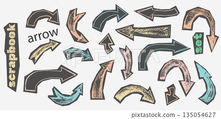 Hand-drawn arrow set with bold crayon strokes and thick doodle lines. Colorful scrapbook elements with textured grunge backgrounds and playful arrow shapes. Elements cut from old paper Hand-drawn arrow set with bold crayon strokes and thick doodle lines. Colorful scrapbook elements with textured grunge backgrounds and playful arrow shapes. Elements cut from old paper 135054627