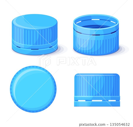Plastic bottle caps. Water bottle cap screw lid top side turn view, mineral soda drink container cover beverage storage liquid stopper mockup cartoon icons neat vector illustration 135054632