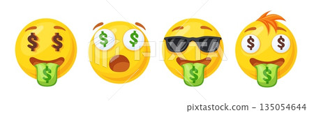 Dollar emoji. Emoticon money face mouth dollar symbol, financial smile cash sign social media mascot cartoon happy fun circle character, finance concept neat vector illustration 135054644