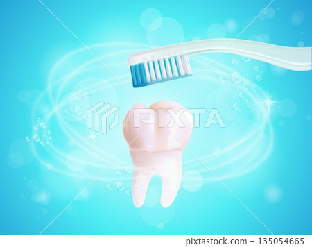 Teeth brush banner. 3d realistic tooth brushing dental care concept, toothbrush cleans teeth oral hygiene whitening dentistry advertising medical background vector illustration Teeth brush banner. 3d realistic tooth brushing dental care concept, toothbrush cleans teeth oral hygiene whitening dentistry advertising medical background vector illustration 135054665