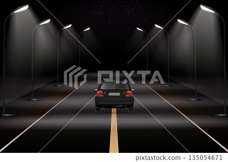 Realistic car night road. Black suv driving on dark highway under streetlights, city street asphalt auto vehicle back view ride empty route track background vector illustration Realistic car night road. Black suv driving on dark highway under streetlights, city street asphalt auto vehicle back view ride empty route track background vector illustration 135054671