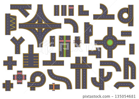 Road map creation kit. Highway elements top view, above curve roadway roundabout intersection crossroad city street traffic path race track asphalt corner kicky vector illustration Road map creation kit. Highway elements top view, above curve roadway roundabout intersection crossroad city street traffic path race track asphalt corner kicky vector illustration 135054681
