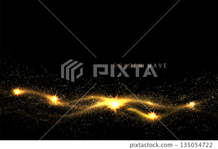 A chaotic wavy pattern in gold with glitter on a black background. An isolated design element A chaotic wavy pattern in gold with glitter on a black background. An isolated design element 135054722