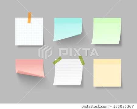 Vector set of colorful sticky notes with shadows, tape, lined and grid paper. Realistic blank paper sheets for reminders and office notes isolated on grey background. 135055367