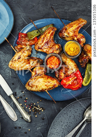 BBQ Chicken Wings on Skewers BBQ Chicken Wings on Skewers 135055386
