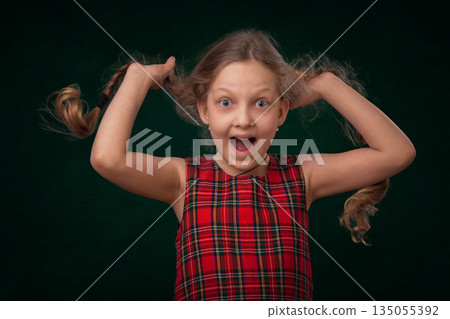 Funny little girl in a checkered dress holds her braids up and shows surprise emotion. The girl is a tomboy with character. Funny little girl in a checkered dress holds her braids up and shows surprise emotion. The girl is a tomboy with character. 135055392