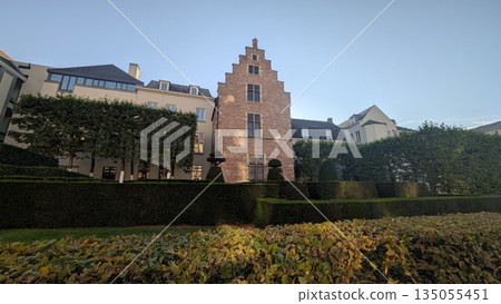 Well maintained manicured plant wall in front of European architecture Well maintained manicured plant wall in front of European architecture 135055451