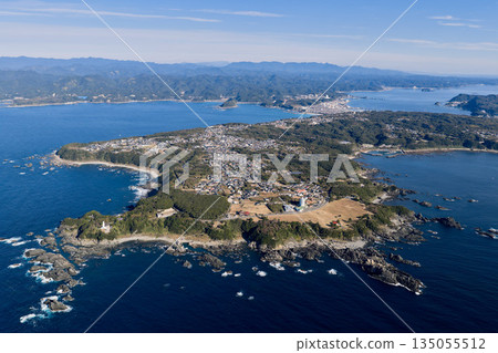 Aerial drone photography capturing the topography of the Shionomisaki Peninsula, surrounded by two seas Aerial drone photography capturing the topography of the Shionomisaki Peninsula, surrounded by two seas 135055512