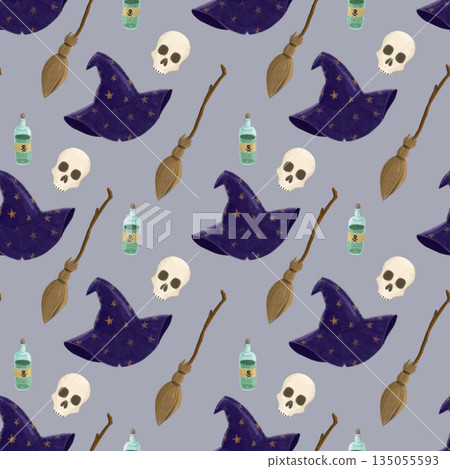 Seamless illustrated pattern with flying brooms, skulls and poison bottles. Flat illustration for fabric printing, sewing projects, apparel, Halloween costumes, wrapping paper, home textiles, crafts. Seamless illustrated pattern with flying brooms, skulls and poison bottles. Flat illustration for fabric printing, sewing projects, apparel, Halloween costumes, wrapping paper, home textiles, crafts. 135055593