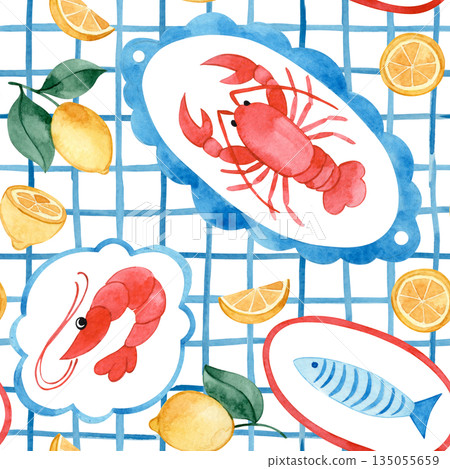 Seamless watercolor Mediterranean pattern. Whimsical wallpaper with lobster and lemons. Seamless watercolor Mediterranean pattern. Whimsical wallpaper with lobster and lemons. 135055659